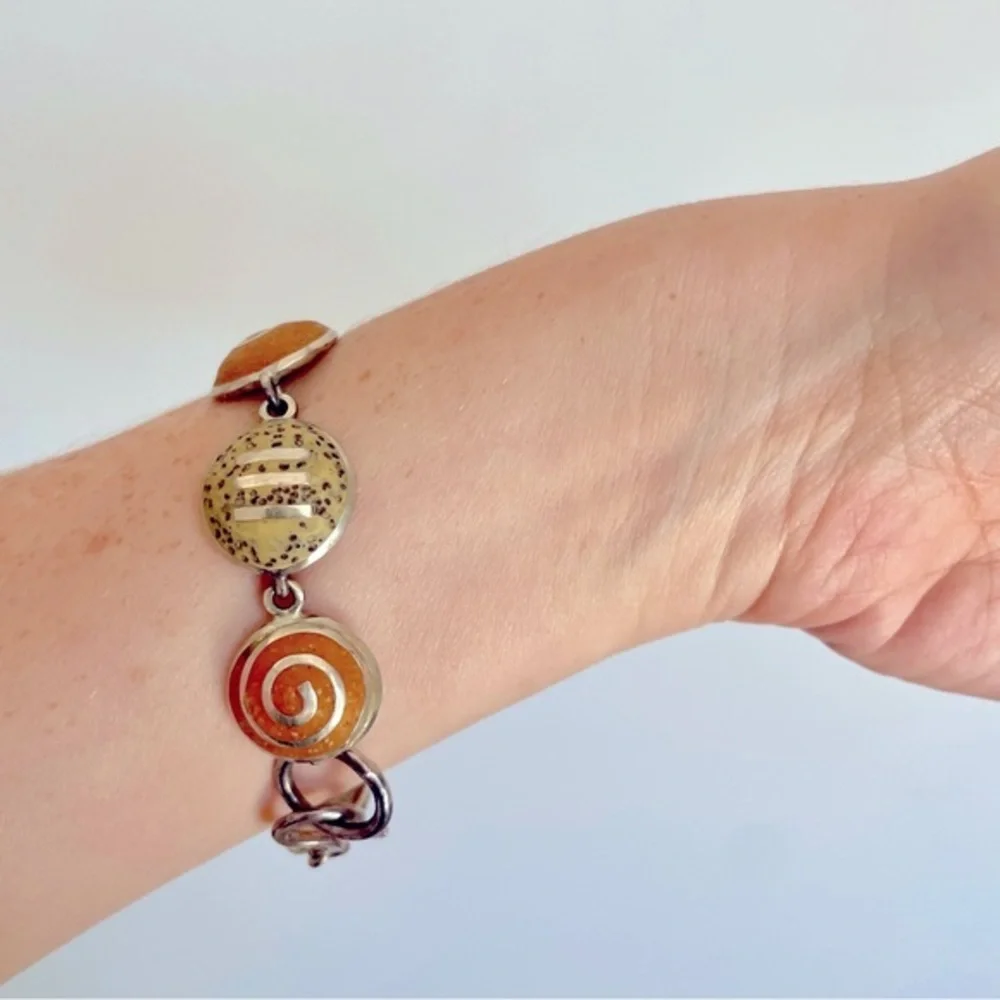 GORGEOUS Artist-Made Bracelet & Matching Ring - Yellow and Orange Set on‎ Silver